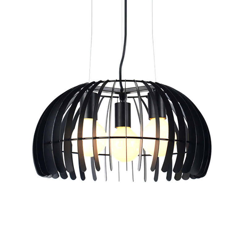 Retro Style Dome Hanging Light with Wire Guard - 3 Bulbs, Black Metal Suspension for Dining Room