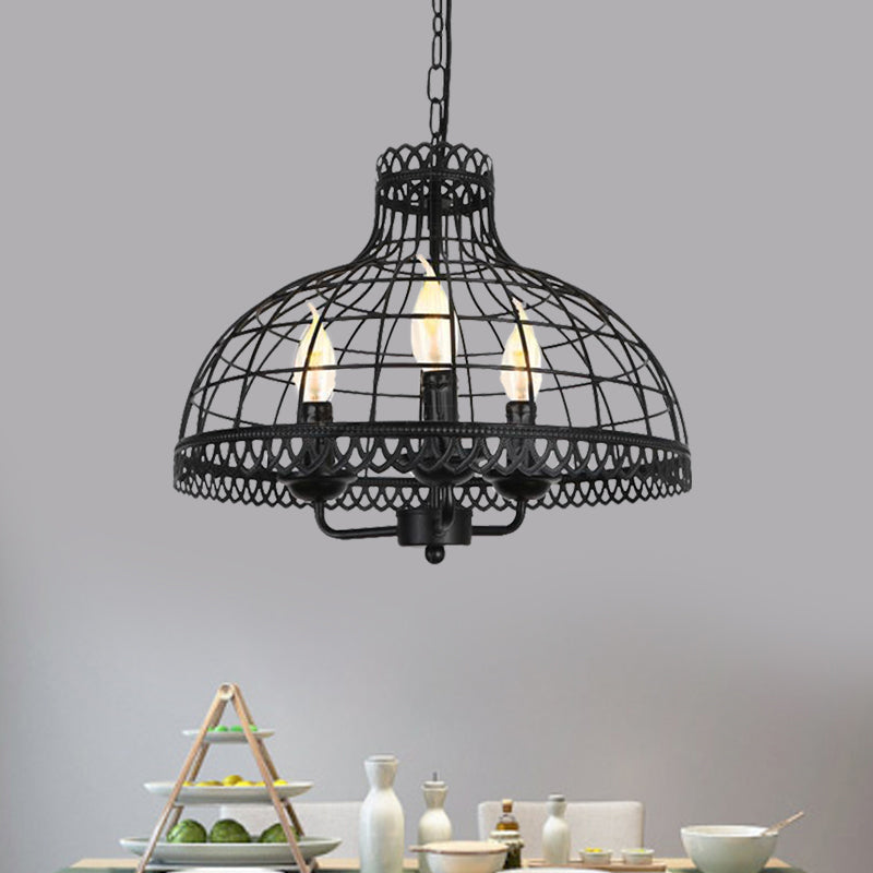 Industrial Retro 3-Light Ceiling Lamp With Metallic Dome Cage Shade - Farmhouse Candle Fixture In