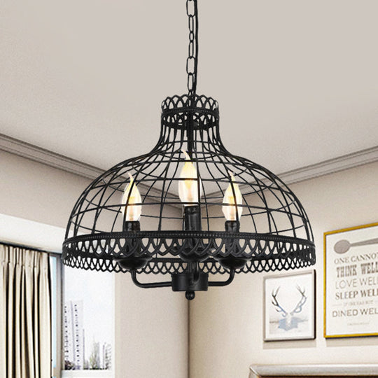 Industrial Retro 3-Light Ceiling Lamp With Metallic Dome Cage Shade - Farmhouse Candle Fixture In