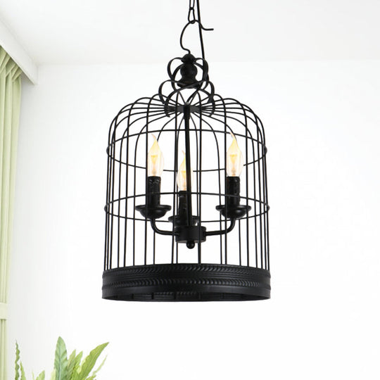 Antique Style Iron Pendant Light With Black Birdcage Shade And 3 Candle Design Lights For