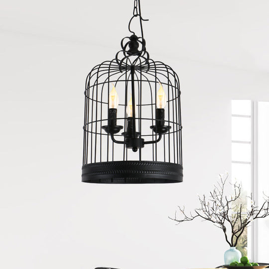 Antique-Style Black Iron Birdcage Pendant Light with 3 Lights - Restaurant Ceiling Fixture with Candle Design