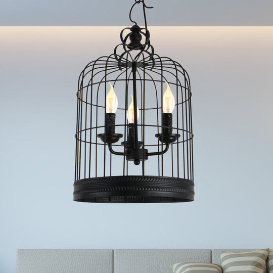 Antique Style Iron Pendant Light With Black Birdcage Shade And 3 Candle Design Lights For