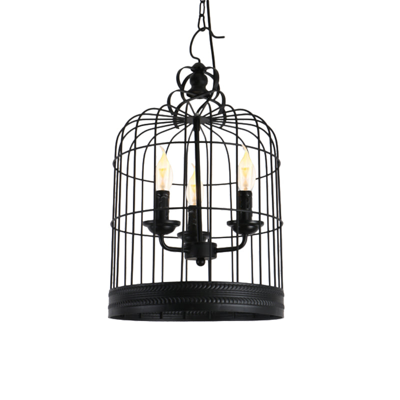 Antique-Style Black Iron Birdcage Pendant Light with 3 Lights - Restaurant Ceiling Fixture with Candle Design