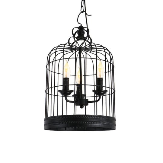 Antique-Style Black Iron Birdcage Pendant Light with 3 Lights - Restaurant Ceiling Fixture with Candle Design