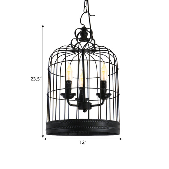 Antique-Style Black Iron Birdcage Pendant Light with 3 Lights - Restaurant Ceiling Fixture with Candle Design