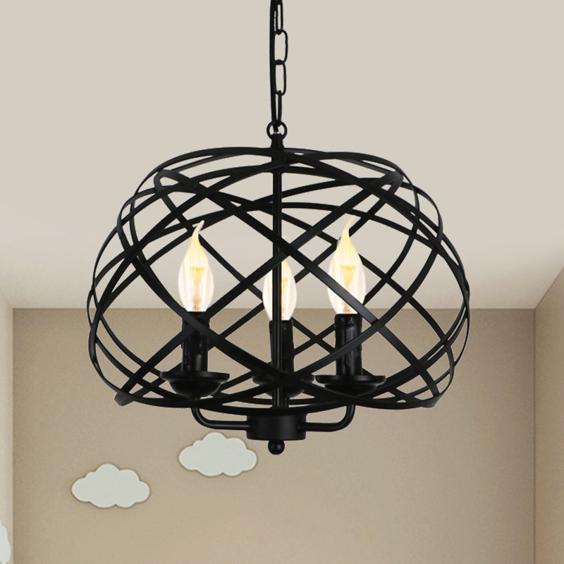 Industrial Geometric Ceiling Light With Cage Shade - 3 Bulb Metal Chandelier Lamp In Black For