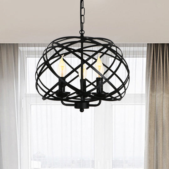 Black Metal Geometric Ceiling Light with Cage Shade - Industrial Kitchen Chandelier (3 Bulbs Included)