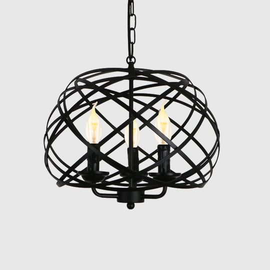 Industrial Geometric Ceiling Light With Cage Shade - 3 Bulb Metal Chandelier Lamp In Black For