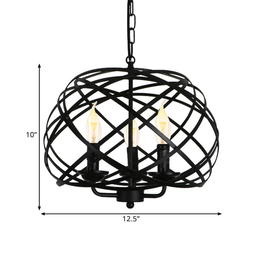 Industrial Geometric Ceiling Light With Cage Shade - 3 Bulb Metal Chandelier Lamp In Black For