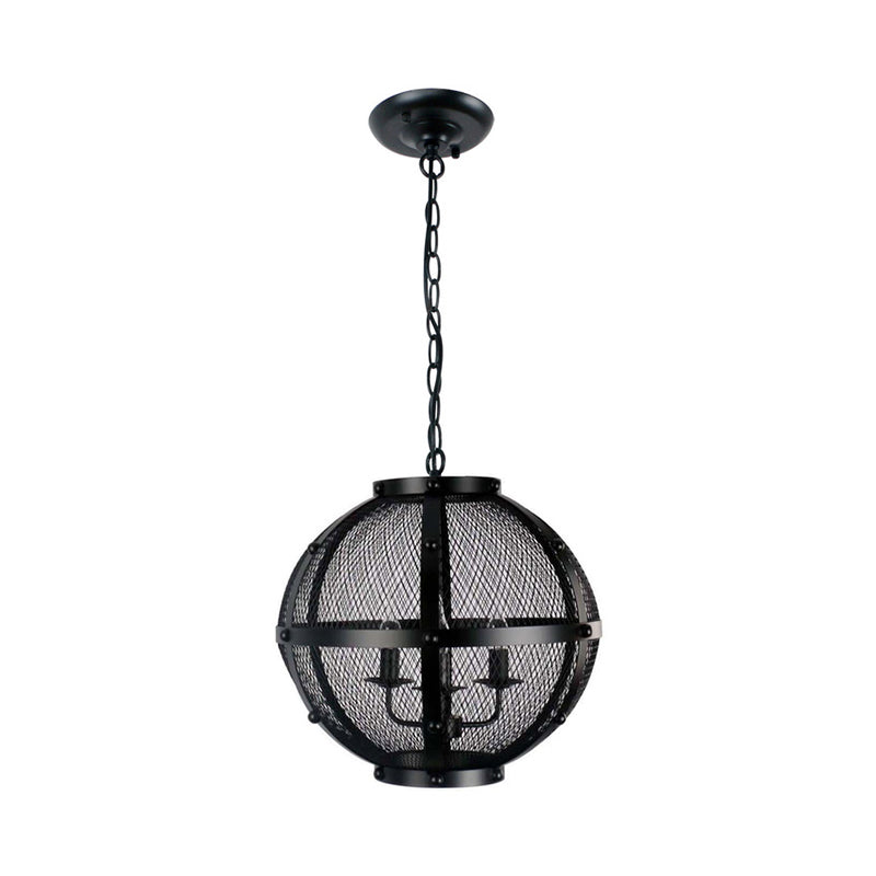 Retro Style Metal Hanging Pendant With Wire Mesh Shade - 3 Lights Farmhouse Ceiling Fixture Black