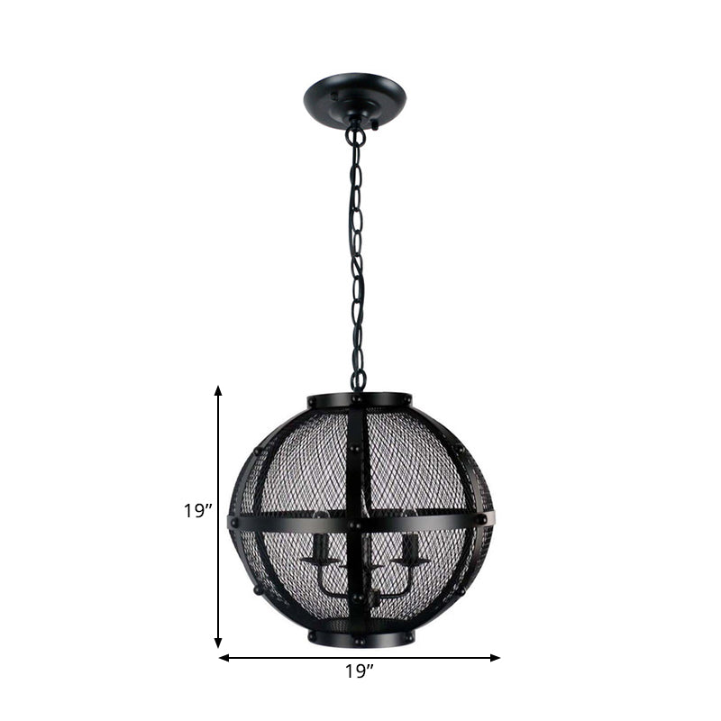 Retro Style Metal Hanging Pendant With Wire Mesh Shade - 3 Lights Farmhouse Ceiling Fixture Black