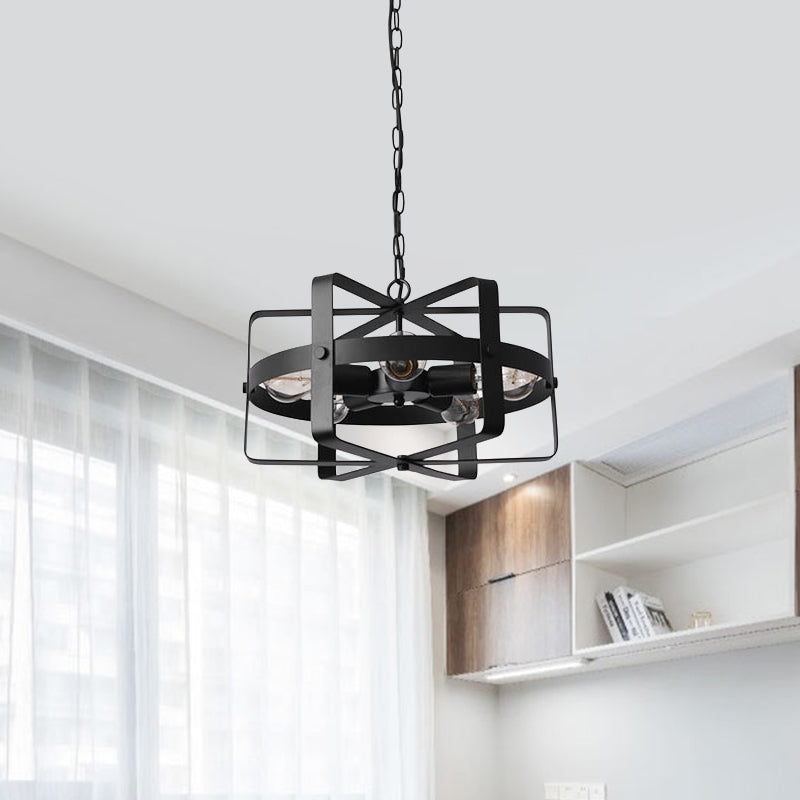 Black Retro Loft Caged Pendant Chandelier - 5-Light Iron Fixture for Dining Room