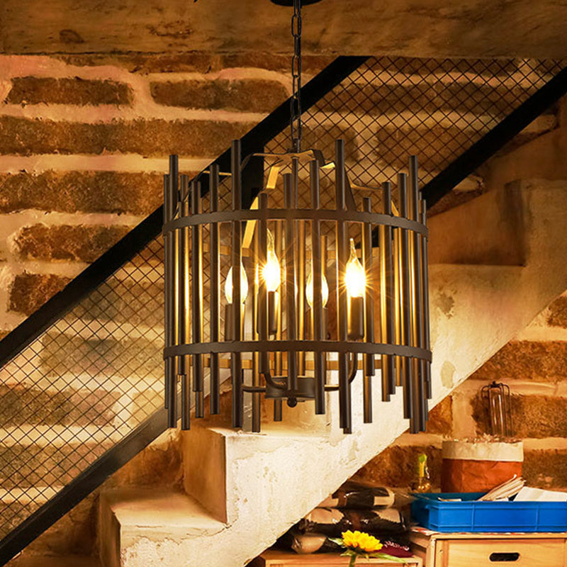 Vintage Industrial 4 Head Metal Chandelier Pendant Light For Restaurants - Black Caged Design