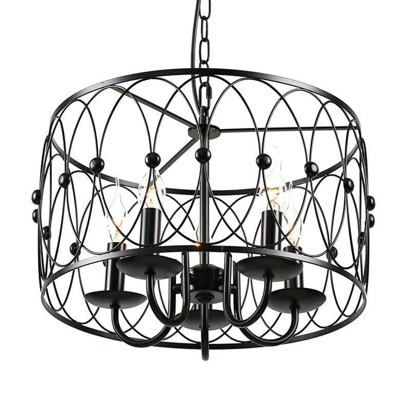 Vintage Black Metal Drum Hanging Light with Cage Shade - 6 Head Dining Room Chandelier Lamp