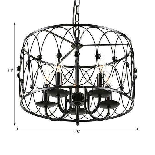 Vintage Black Metal Drum Hanging Light with Cage Shade - 6 Head Dining Room Chandelier Lamp