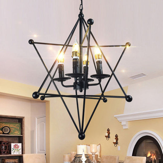 Black Star Cage Chandelier Pendant - Retro Style Iron With 4 Heads For Dining Room Ceiling