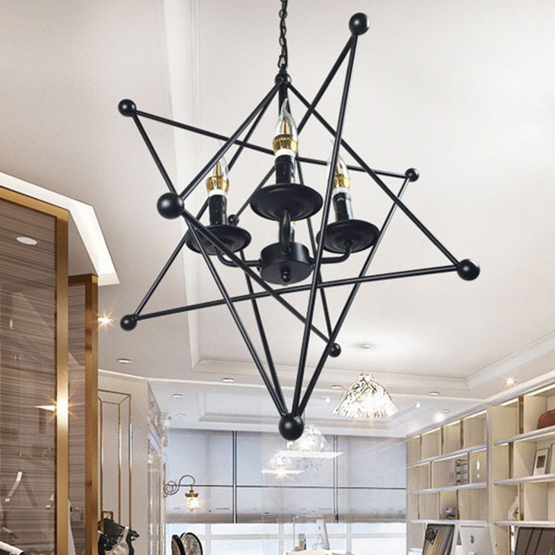 Black Star Cage Chandelier Pendant Light with Candle - Retro Style - 4 Heads - Dining Room Ceiling Light