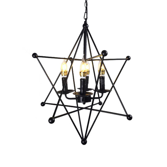 Black Star Cage Chandelier Pendant Light with Candle - Retro Style - 4 Heads - Dining Room Ceiling Light