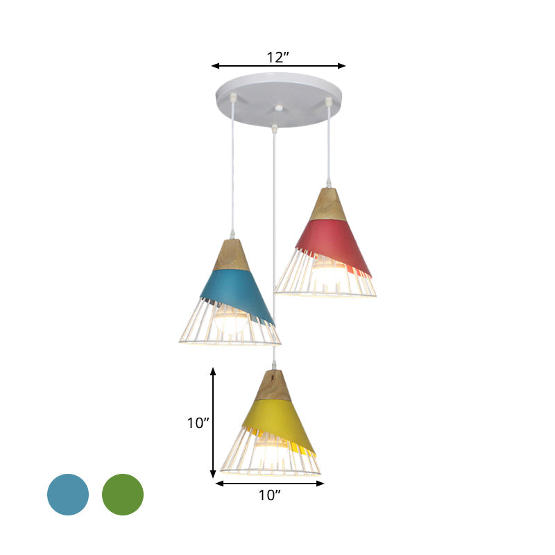 Industrial 3-Headed Metal Pendant Lamp with Black/Green Cone Design for Living Room Ceiling