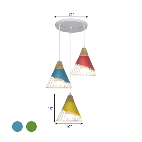 Industrial 3-Headed Metal Pendant Lamp with Black/Green Cone Design for Living Room Ceiling