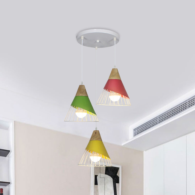 Industrial 3-Headed Metal Pendant Lamp with Black/Green Cone Design for Living Room Ceiling