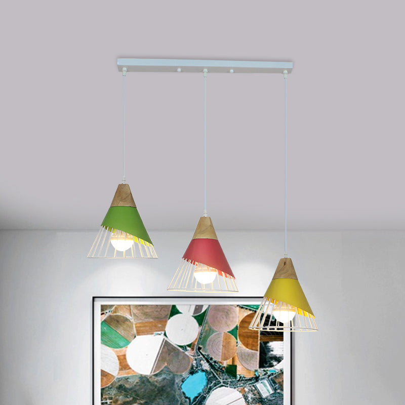 Industrial 3-Headed Metal Pendant Lamp with Black/Green Cone Design for Living Room Ceiling