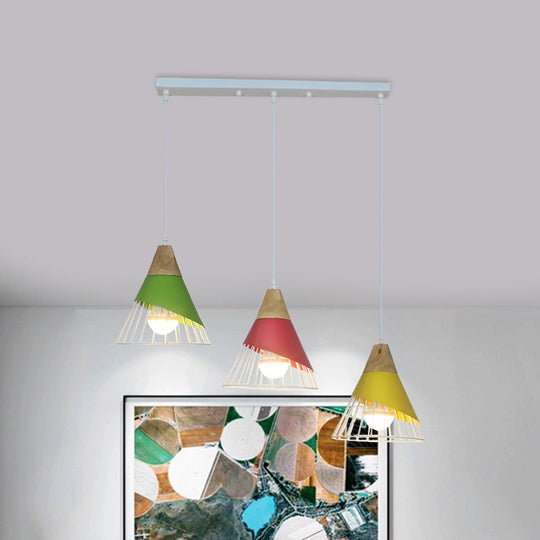 Industrial 3-Headed Metal Pendant Lamp with Black/Green Cone Design for Living Room Ceiling