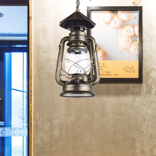 Industrial Clear Glass Single Light Pendant In Black/Antique Bronze/Weathered Copper - Kerosene