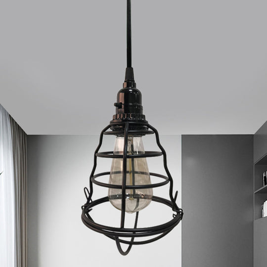 Industrial Black Cage Pendant Light - Bulb Shape, One-Light with Plug-In Cord