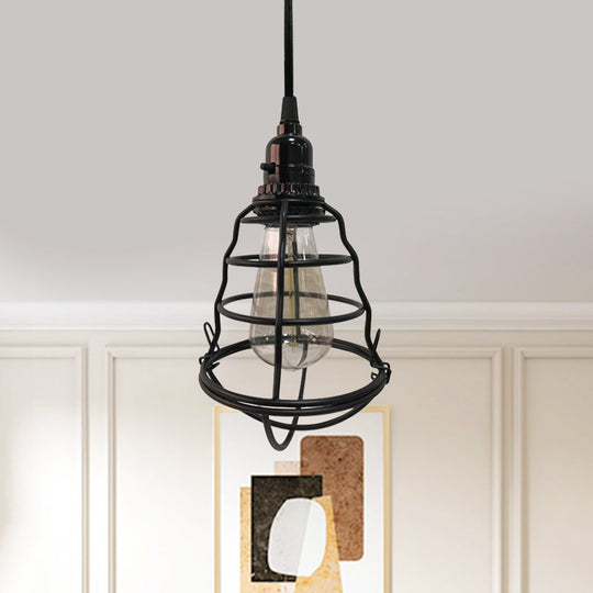 Industrial Metal Cage Pendant Lamp - Bulb Shaped Corridor Light Black Plug-In Cord