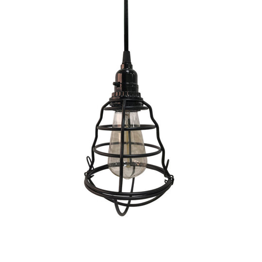 Industrial Black Cage Pendant Light - Bulb Shape, One-Light with Plug-In Cord