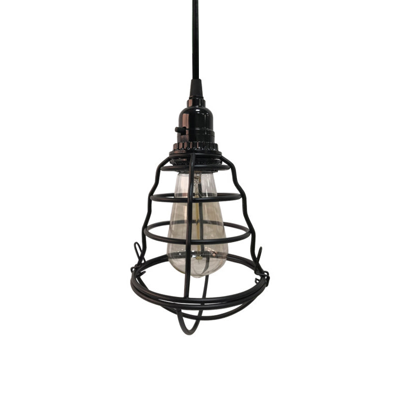 Industrial Metal Cage Pendant Lamp - Bulb Shaped Corridor Light Black Plug-In Cord