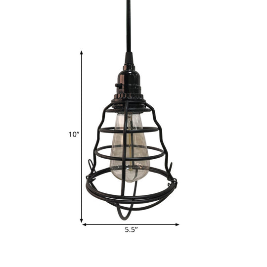 Industrial Metal Cage Pendant Lamp - Bulb Shaped Corridor Light Black Plug-In Cord