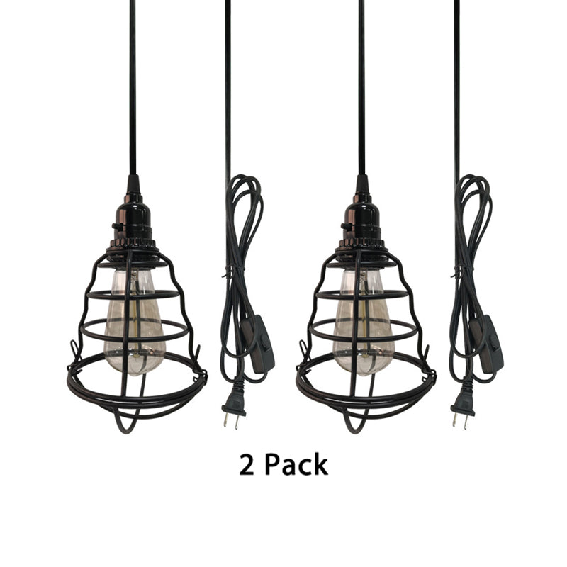 Industrial Metal Cage Pendant Lamp - Bulb Shaped Corridor Light Black Plug-In Cord