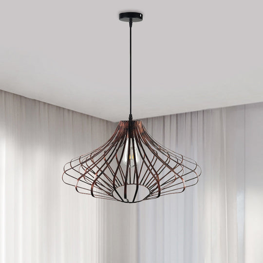 Country Style Wire Cage Pendant Lamp - Metal 1 Light Brass/Rust Ceiling Light - Adjustable Cord