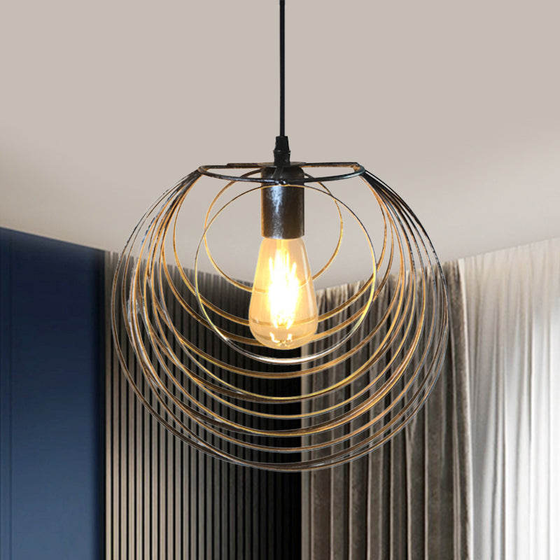 Industrial Hanging Lamp: 1-Light Globe Wire Cage Pendant - Black/Silver/Rust Tone