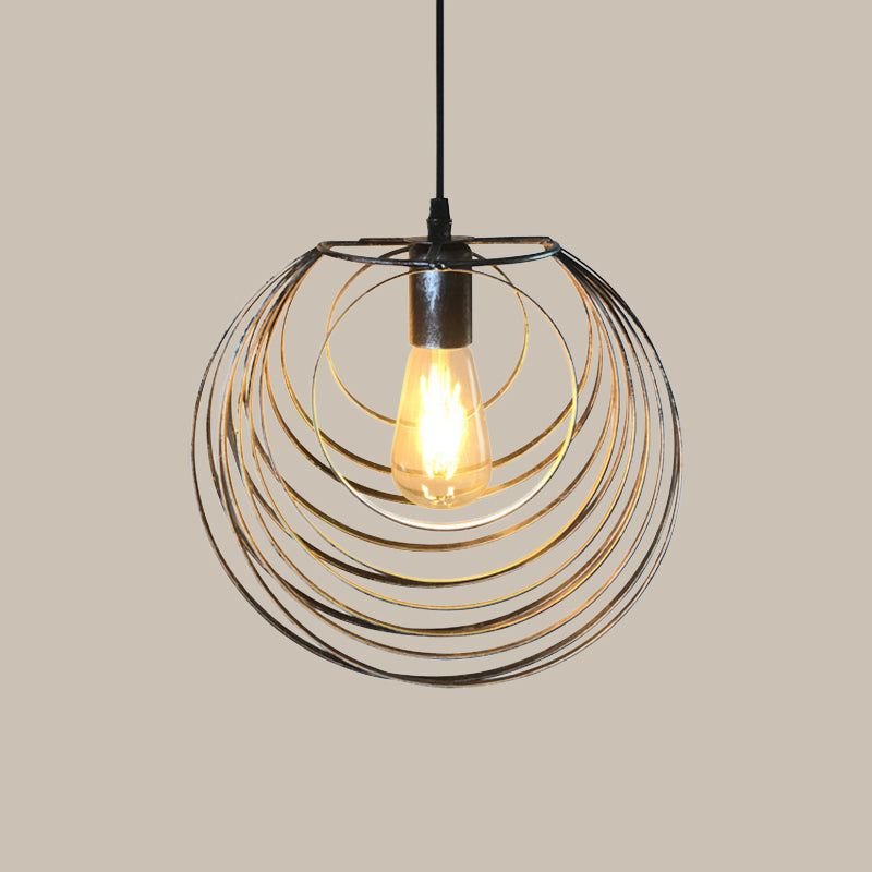 Industrial Hanging Lamp: 1-Light Globe Wire Cage Pendant - Black/Silver/Rust Tone