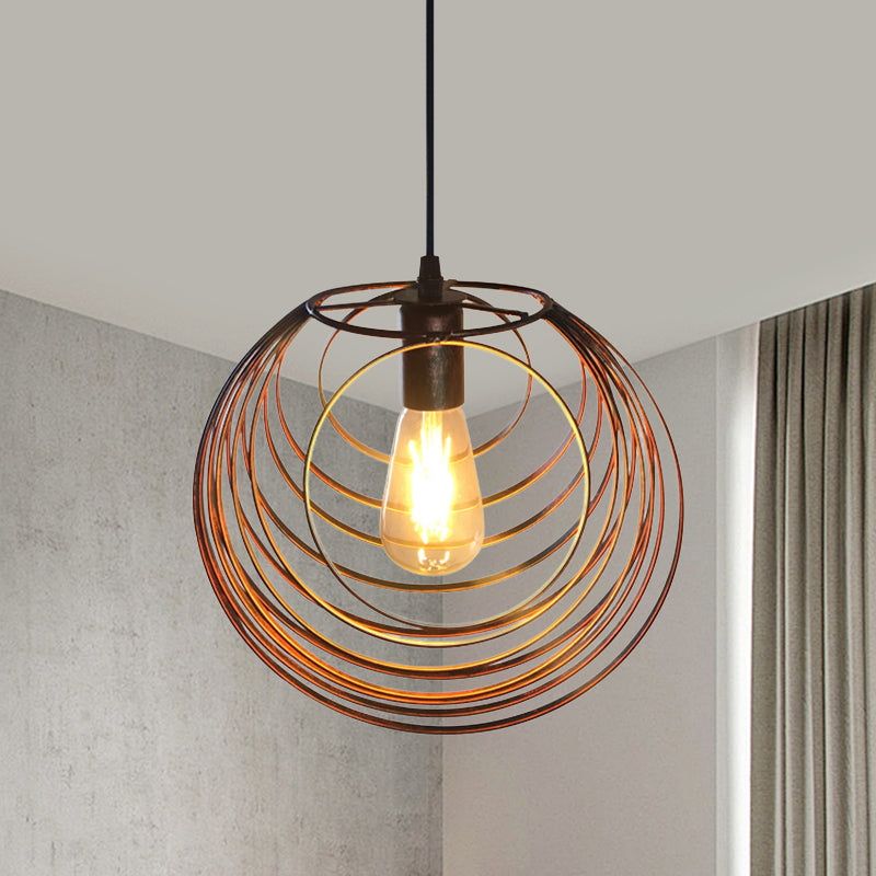 Industrial Hanging Lamp: 1-Light Globe Wire Cage Pendant - Black/Silver/Rust Tone