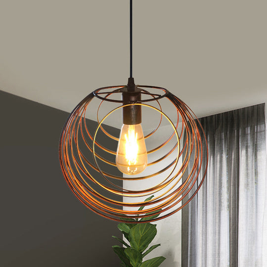 Industrial Hanging Lamp: 1-Light Globe Wire Cage Pendant - Black/Silver/Rust Tone