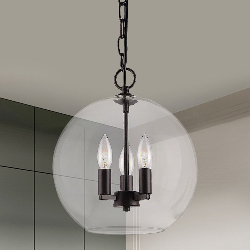 Rustic Bubble Shade Black Pendant Chandelier With Clear Glass - 3 Lights Ceiling Fixture