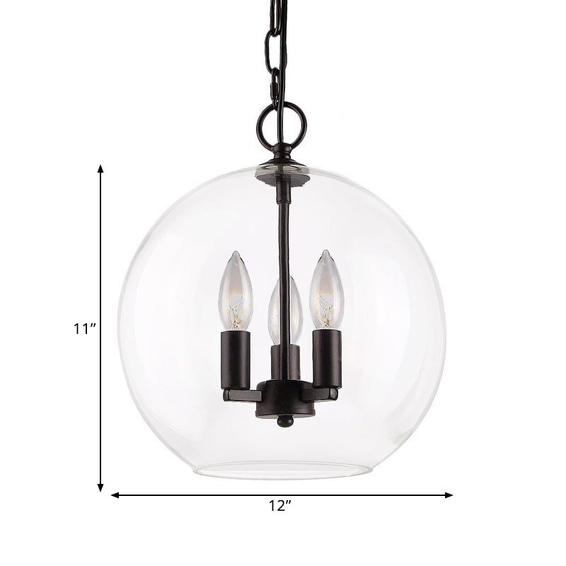 Rustic Bubble Shade Pendant Chandelier - 3-Light Ceiling Fixture with Clear Glass in Black