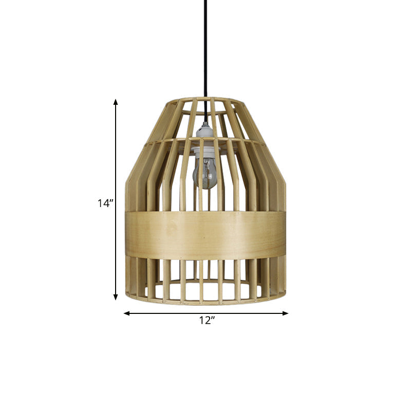 Japanese Wooden Pendant Light Fixture - Yellow Bird Cage Design For Restaurant Hanging Ceiling