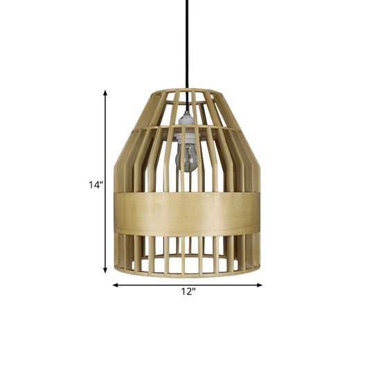 Japanese Wooden Pendant Light Fixture - Yellow Bird Cage Design For Restaurant Hanging Ceiling