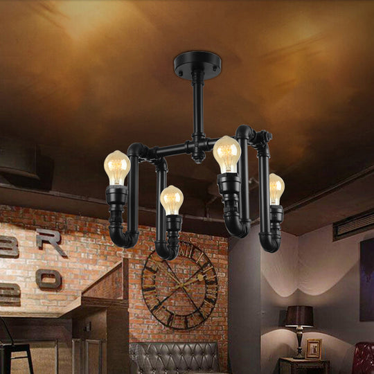 Industrial Matte Black Water Pipe Ceiling Light Fixture with 4 Lights