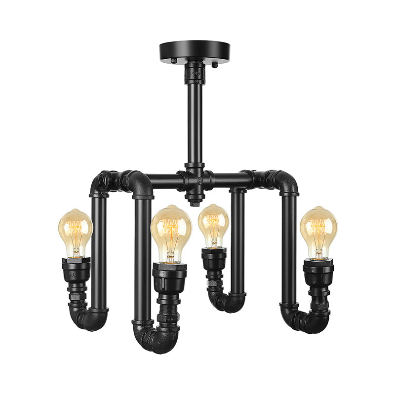 Industrial Matte Black Water Pipe Ceiling Light Fixture with 4 Lights