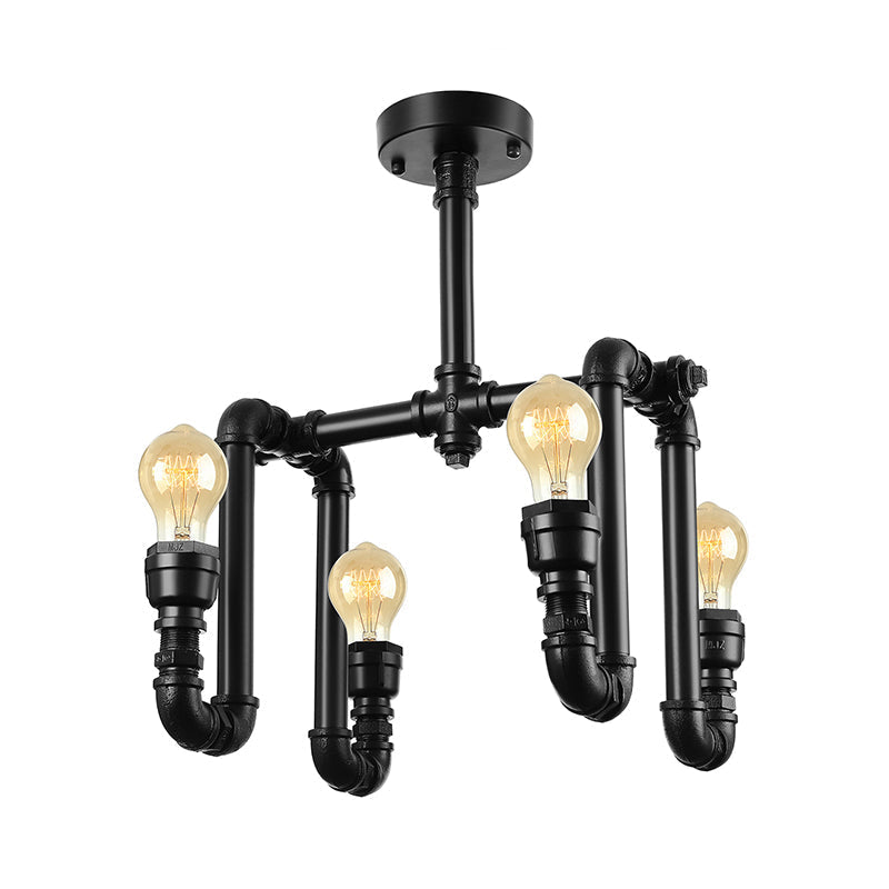 Industrial Matte Black Water Pipe Ceiling Light Fixture with 4 Lights