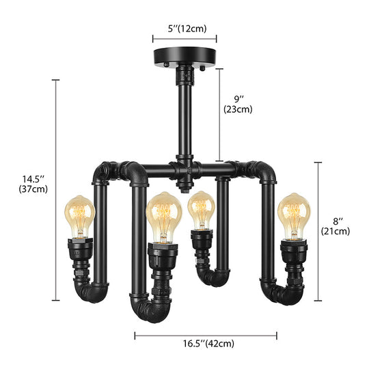 Industrial Matte Black Water Pipe Ceiling Light Fixture with 4 Lights