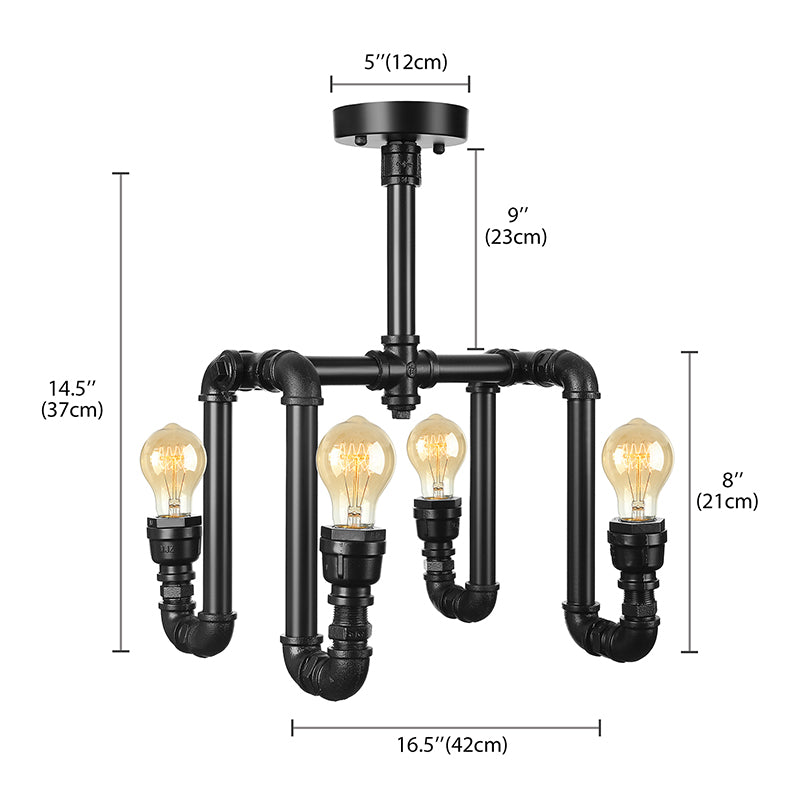 Industrial Matte Black Water Pipe Ceiling Light Fixture With 4 Lights