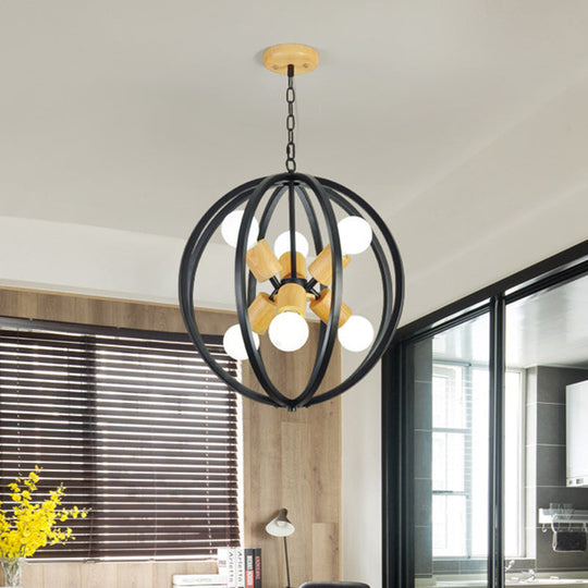 Antique Style Wrought Iron 6-Light Spherical Ceiling Lamp In Black/White For Dining Room Chandelier