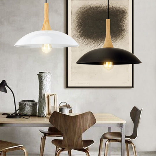 Wood and Metal Modernist Ceiling Pendant Light - Black/White, 12.5"/16" W, 1 Head for Table